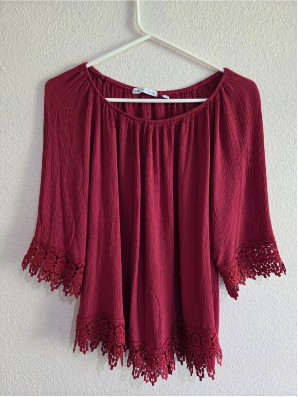 Notations Burgundy Lace Trim Boho Peasant Top XL Long Sleeve